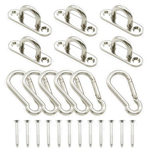 Hamineler 6 Pcs Stainless Steel 1.89 Inch Strip Type Eye Plate and 6 Pcs Stainless Steel Snap Hook for Ceiling Hook Loop Wall Mount Hanging Hardware Fitting