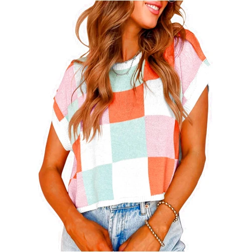 Missshine Summer Cap Sleeve Crop Sweater Tops for Women Vest Sweater Color Block Lightweight Crew Neck Kint Sweaters