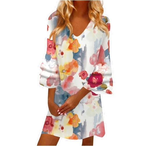 Generic Women's Sundresses Casual Beach Temperament Elegant Fresh Printed V-Neck 3/4 Sleeves Mini Dress