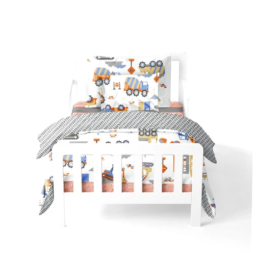 Bacati Construction Multicolor Boys Cotton 4 Piece Toddler Bedding Set 100 Percent Cotton Includes Reversible Comforter, Fitted Sheet, Top Sheet, and Pillow Case for Boys