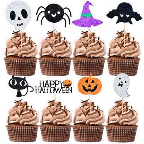 VCGUDOE 24PCS Bats Cupcake Toppers Halloween Cake Decorations Halloween Bats Black Glitter Halloween Party Decorations Birthday Party Cake Decorations Supplies (Cat)