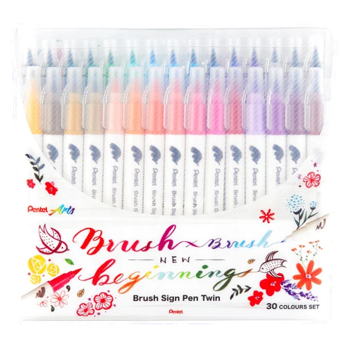 Pentel Brush Sign Pen Dual 30 Colors Set Fibre-Tip Pens with Two Flexible Writing Tips, Water-Based Ink, Assorted, (30 Pack)