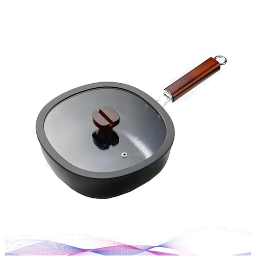 LNTJOQXBM Square Nonstick Iron Wok with Glass Lid, 2QT Coating-Free Stir-Fry Pot, Induction Ready, Japanese Wooden Handle Saucepan (Black, 2QT/9.5in Iron Pan)