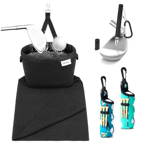 SPOROKET Third Generation Golf Club and Ball Cleaner Pouch with Attached Towel, Powerful Leak Resistance, Includes 1 Golf Club Groove Sharpener Tool and 2 Pack Golf Tee Holder, Premium Golf Club Cleaning Kit