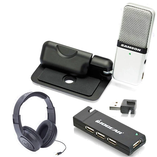 Samson Go Mic Portable USB Condenser Microphone Bundle with Samson Headphones + IOGEAR 4-Port USB 2.0 Hub