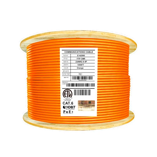 Elite Cat6 Shielded Riser (CMR), 1000ft, F/UTP 23AWG, Solid Bare Copper, 550MHz, UL Certified, UL-LP Certification, Bulk Ethernet Cable Reel, Orange