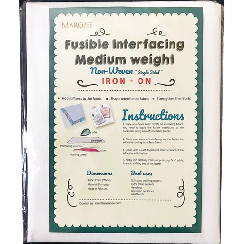 MAROBEE Medium Weight Iron On Fusible Interfacing for Sewing Projects, (40 Inch x 3 Yard) White Non-Woven, One Sided