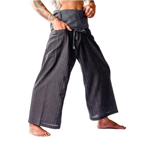 LannaPremium Thai Fisherman Pants 2 Tone for Men Women Yoga Pants - Martial Arts Pants Gray Black