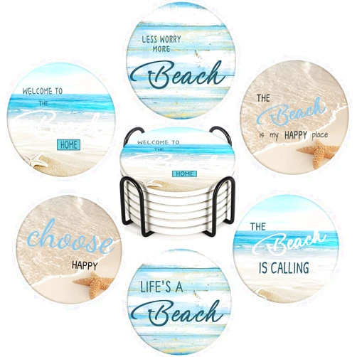 Britimes Coaster for Drinks Set of 6, Beach Shell Antique Teal Blue Table Absorbent Round Ceramic Stone Mat, with Cork Base and Metal Holder, Gift for Housewarming Room Bar Decor