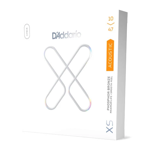 D'Addario Guitar Strings - XS Phosphor Bronze Coated Acoustic Guitar Strings - XSAPB1047-3P - Maximum Life with Smooth Feel & Exceptional Tone - For 6 String Guitars - 10-47 Extra Light, 3-Pack