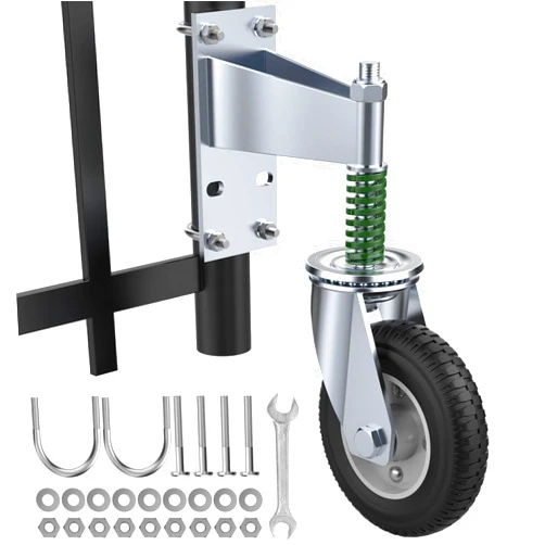 JIOU JIA 8Inch Gate Wheel, 600LB Capacities with 360 Degree Rotation, Tire Level Solid Heavy-Duty Gate Caster, Spring Shock Absorption Gate Wheels for Wooden, Metal and Tube Gates, Complete Fittings