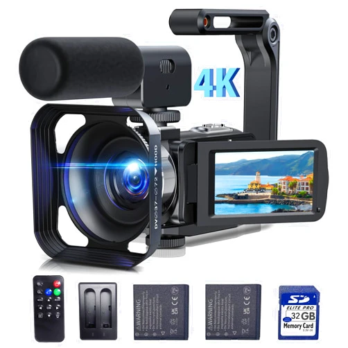 CAMWORLD Video Camera Camcorder 4K 42MP YouTube Vlogging Camera 18X Digital Zoom 3” 270° Rotation Screen vlog Camera with Microphone, Remote Control, 2 Batteries, Lens Hood, 32G SD Card