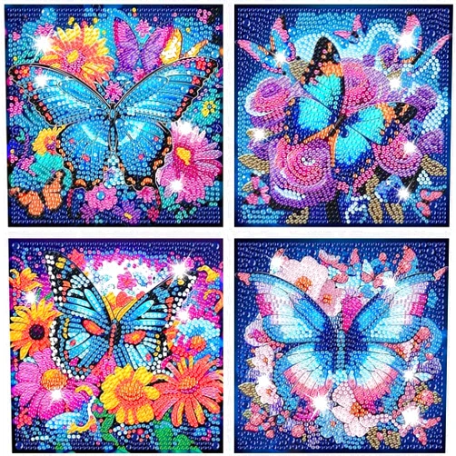 Apcufir 5D Diamond Art Kits for Kids, 4 Pcs Colorful Butterfly Kid's DIY Diamond Big Gem Art,Kids' Mosaic Diamond Art Kits Crafts for Kids Ages 4-8-10-12 Children for Gifts 6x6inch(Without Frame