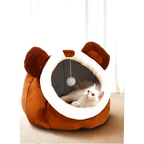 Lcybem Cat Beds for Indoor Cats - Cat Bed Cave with Removable Washable Cushioned Pillow, Soft Plush Premium Cotton No Deformation Pet Bed, Roomy Bear Cat House Design, Multiple Sizes-M