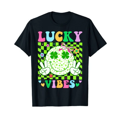 Groovy St Patricks Day Lucky Vibes Girls Tees Groovy St Patricks Day Shamrock Women Girls Kids Lucky Vibes T-Shirt
