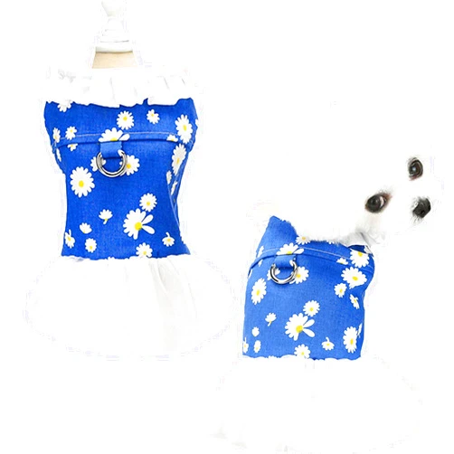 APIOF Dog Dress Harness for Small Medium Dogs Girl Cute Blue Daisy White Sheer Tutu Princess Birthday Party Dresses Pet Clothes Outfits Apparel