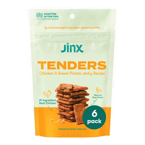 Jinx Tenders Chicken Jerky Dog Treats, All Natural Ingredients, Soft & Chewy, Low-Calorie, Slow-Smoked Chicken & Sweet Potato, No Fillers, 5oz, 6 Pack