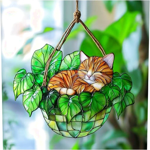 Fastpeace Black Cat in Plant Pot Acrylic Stained Glass Window Hanging Suncatcher, Unique Gifts for Black Cat Lover, Fantasy Decor