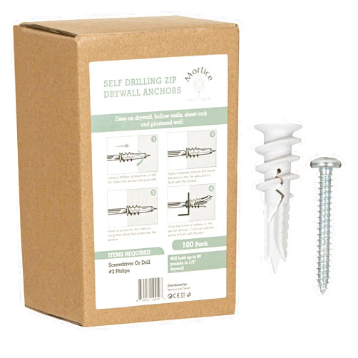 Mortice and Tenon Premium Splitting Nylon 66 Self-Drilling Drywall Anchors and Screws Kit | Used On Drywall, Plaster Board, Sheetrock, Gypsum, Hollow Wall | 100#8X 1-1/4 Philips Screws and 100 Plastic Anchors - 90 Lbs