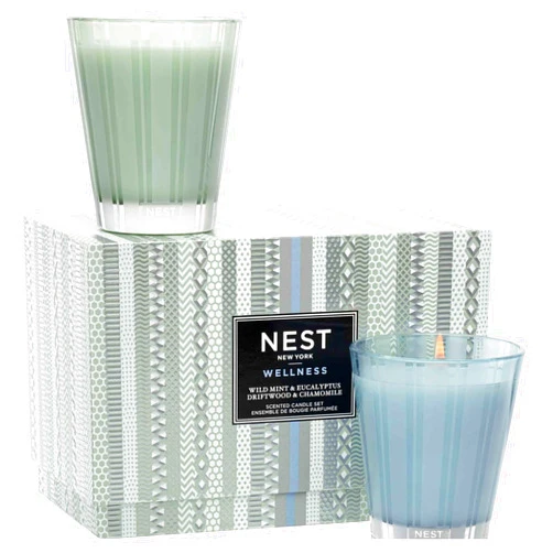 NEST New York Wellness Scented Classic Candle Set - Includes Wild Mint & Eucalyptus (8.1 oz) and Driftwood & Chamomile (8.1. oz) - Up to 60-Hour Burn Time - Reusable Glass Vessel
