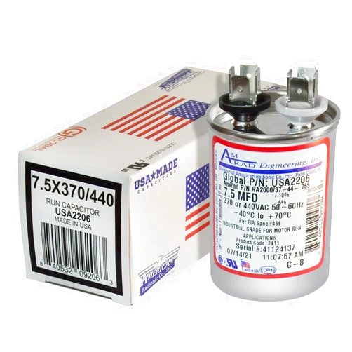 AMRAD ENGINEERING USA2206 Series Round USA-Made Motor Run Capacitor, 7.5 Mfd, 370/440 Vac-132322