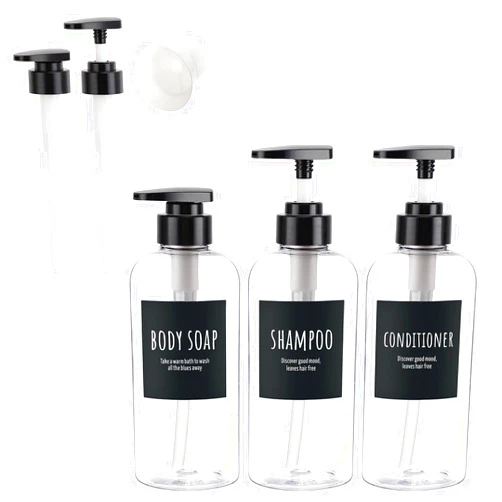 Segbeauty Shower Bottles with 2 Extra Pumps, Segbeauty 3 Packs of 16.9oz Shampoo and Conditioner Bottles with Funnel, 500ml Clear Refillable Bathroom Body Wash Dispenser, Reusable PET Squeeze Bottles with Pump