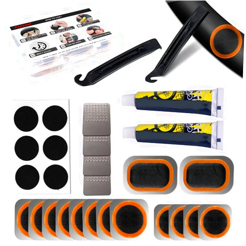 Exppsaf Bike Inner Tire Patch Repair Kit - with 14 PCS Vulcanizing Patches, 6 PCS Pre Glued Patchs, Portable Storage Box, Metal Rasp and Lever - Also for MTB BMX Road Mountain Bicycle Travel