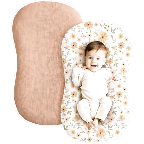Konssy Muslin Baby Lounger Cover 2 Pack, 100% Cotton Newborn Lounger Cover, Soft and Breathable Baby Nest Slipcover for Boys Girls (Peach, Flowers)