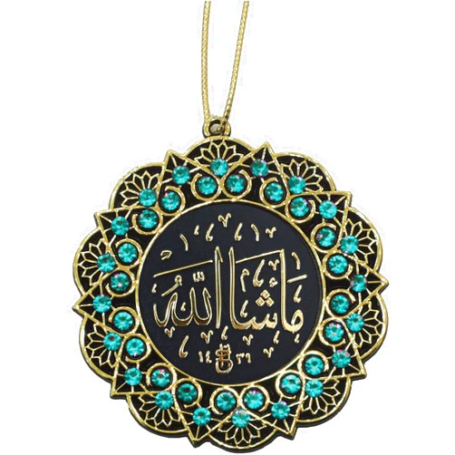 Modefa Turkish Islamic Ottoman Double-Sided Mashallah Kalima Tawhid Star Shaped Car Rear View Mirror Hanger Medallion Pendant Accessory (Gold/Turquoise)
