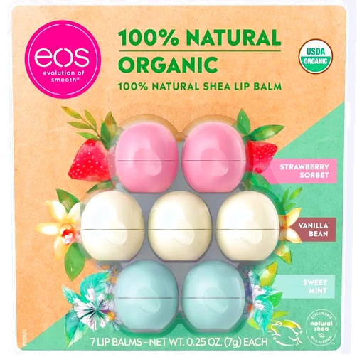 Eos Evolution of Smooth Lip Balm 100% Natural Organic Lip Care Gift 7-Pack ~ 2 Chamomile, 3 Vanilla Bean & 2 Strawberry Sorbet