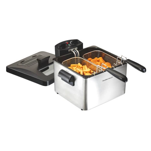 Hamilton Beach Deep Fryer with 2 Frying Baskets, 19 Cups / 4.5 Liters Oil Capacity, Lid with View Window, Professional Style, Electric, 1800 Watts, Stainless Steel (35036)