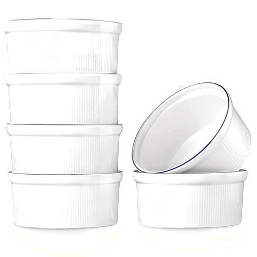 YouPeng Ramekins 6 OZ, Creme Brulee Ramekins Set of 6, Ceramic Souffle Dishes, Custard Cups Oven Safe, White Creme Brulee Set for Baking, Dessert, Sauce and Appetizer