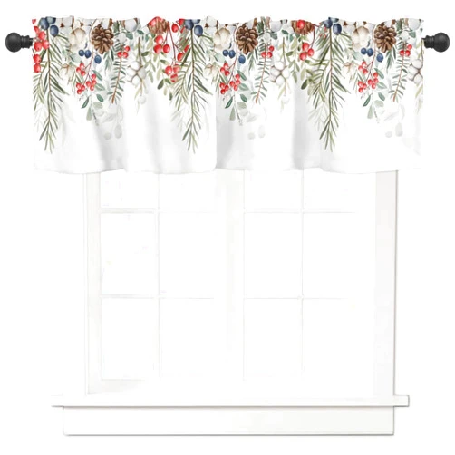 BUWOOGER Rod Pocket Window Valances Christmas Green Pine Botanical Leaf Short Kitchen Curtains Winter Floral Berry on White Window Treatment Drapes for Bedroom Bathroom Living Room 54x18IN,1 Panel