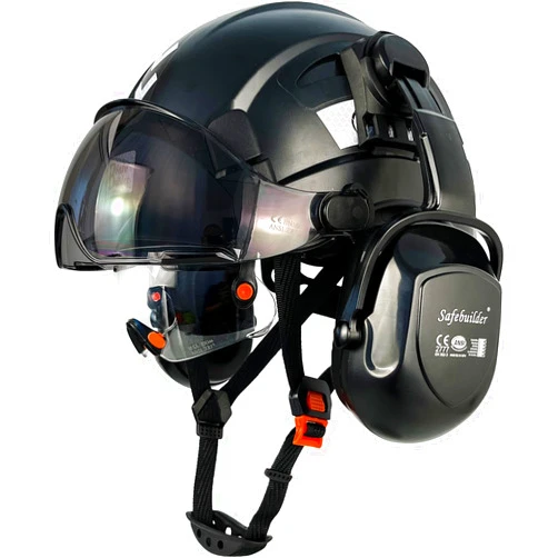 SAFEBUILDER Industrial Safety Helmet with Visor Ear Muffs Hard Hat with Visor Vented Hardhats Construction Work Head Protection ANSI