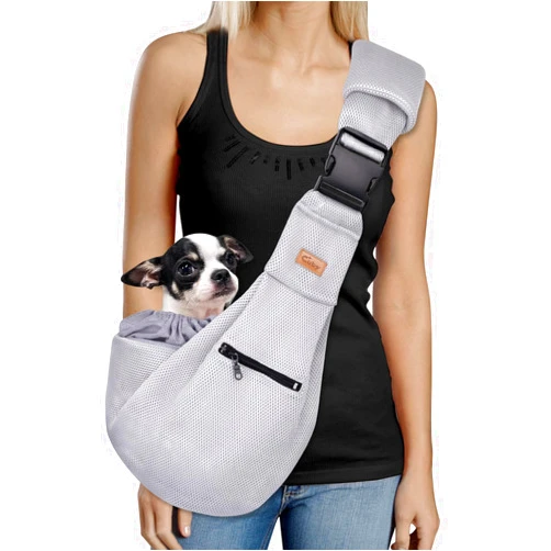 CUBY Dog and Cat Sling Carrier - Hands Free Breathable Mesh Small Dog Sling Carrier-Soft Pouch and Tote Design-Suitable for Puppy, Small Dog Cat Pets Carriers Sling Outdoor(Grey-Mesh,Adjust Strap 2.0)