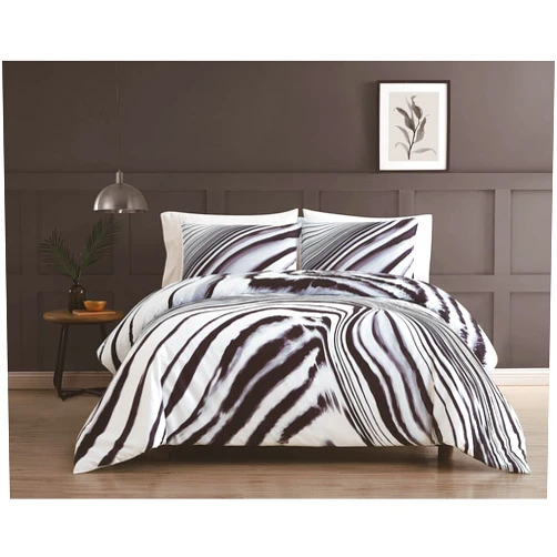 Vince Camuto - Muse Luxurious 3 Piece King Duvet Cover and Sham Set - Abstract Zebra Print - White/Black