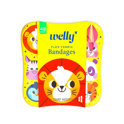 Welly Bandages | Adhesive Flexible Fabric Bravery Badges | Assorted Shapes for Minor Cuts, Scrapes, and Wounds | Colorful and Fun First Aid Tin | Zoo Animals Patterns - 48 Count