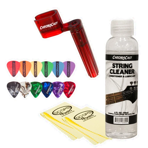 ChromaCast JB-GCLEANP Guitar String Cleaning and Care Bundle with Winder, Cleaner, Polish Cloth and 12 Picks
