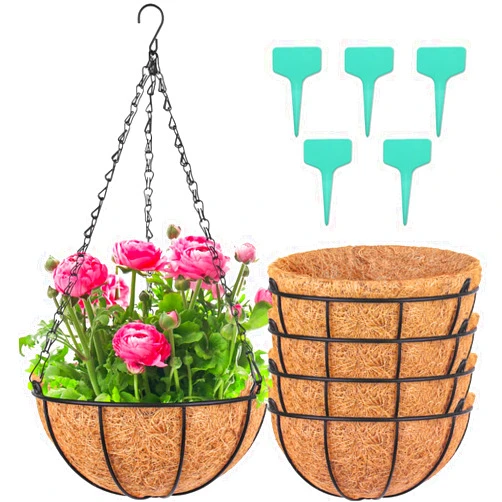Wizdar 5PCS Metal Hanging Planters Basket with Coco Coir Liner 12 Inch Round Wire Plant Holder Porch Decor Flower Pot Hanger Garden Decor Watering Hanging Baskets for Indoor Outdoor