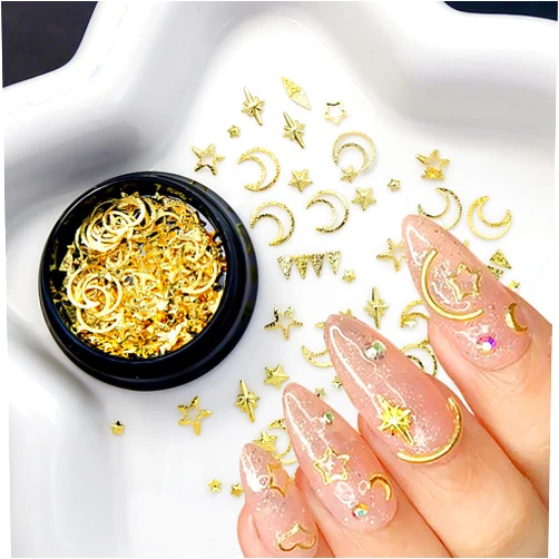 BYJKYEN 2 Box Gold Star Moon Nail Charms Nails Art Studs 3D Metallic Star Moon Nails Studs Rhinestones Star Nail Jewelry Decoration Supplies Kit for Women Girls Acrylic DIY Nail Art Accessories