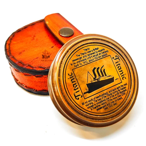 Asian Arts Global VINTORIA Titanic Brass Compass with Handmade Leather Case | Vintage Collectible for Decorative Display, for Birthdays, Weddings & Anniversaries