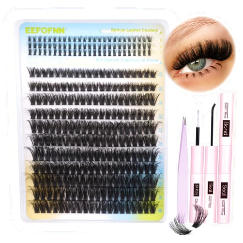 Eefofnn DIY Lash Extension Kit with Bottom Lashes Fluffy Eyelash Clusters Lower Individual Lashes Bond and Seal Tweezers 80D Cluster Eyelash Extensions 10-20mm DIY Lash Clusters Kit for Beginners