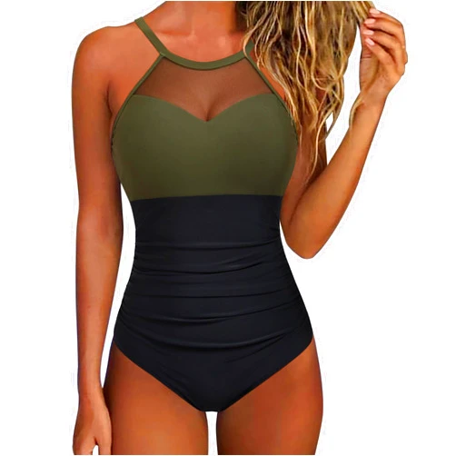 SUUKSESS Women Tummy Control One Piece Swimsuit Sexy Mesh High Neck Bathing Suit