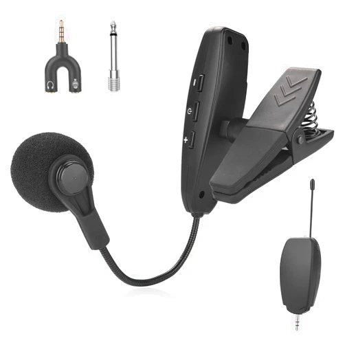 Amoper Wireless Instrument Microphone,UHF Clip Condenser Mic,for Horns,Trumpets,Clarinets, Saxophones, Cello, Computer, Phone, Speakers, Voice Amplifier 131ft Range, 1/8 and 1/4'' Port