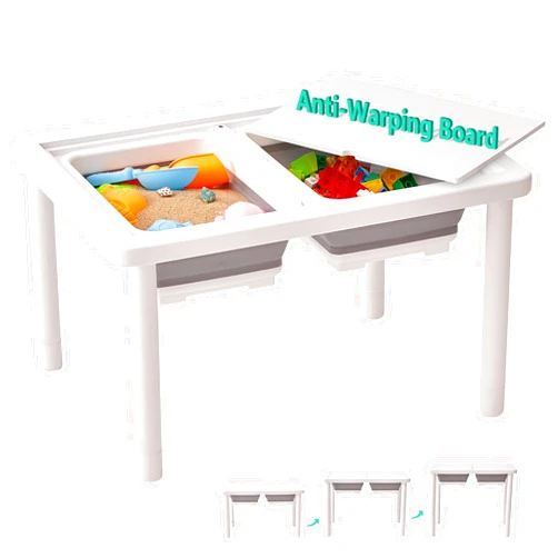 FUNLIO Wooden Sensory Table with 2 Bins for Toddlers 1-5, 3-Level Height Adjustable Kids Sensory Table with Anti-Warping Plywood Lid, Indoor/Outdoor Play Sand and Water Table, CPC Certified, White
