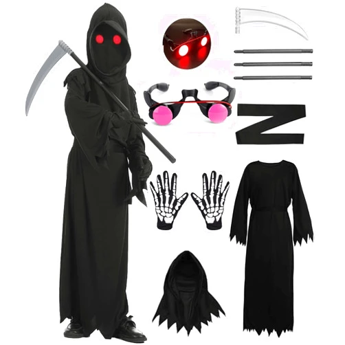 VYXIDEX Grim Reaper Costume for Kids Adults Halloween Scary Ghost Costume with Glowing Red Eyes Scythe Accessories Set