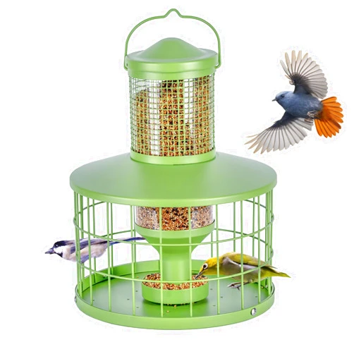Mosloly Caged Bird Feeders Squirrel-Proof, Metal, 2.8Lbs Capacity-Cage Tube Seed Feeders with Tray, Hanging Wild Bird Feeders, Attract Birds,Detachable Cleaning, Starling Proof Wild Bird Feeder（Green）