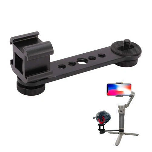 Hilitand Triple Cold Shoe Mount, Gimbal Microphone Light Extension Bar Bracket Aluminium Alloy with 1/4in and 3/8in Screw Holes for DJI OM 3/2, for Zhiyun Smooth 4, for Feiyu Gimbal Stabilizer(Black)
