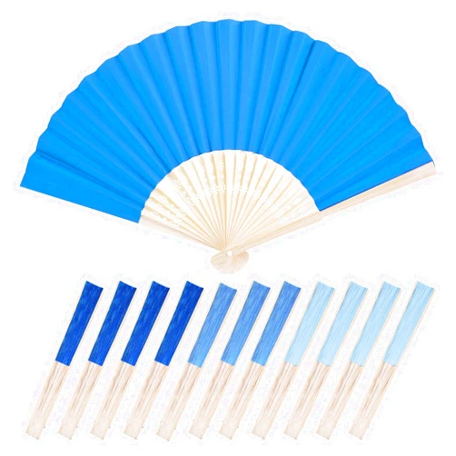 JOHOUSE 12PCS Folding Paper Fans, Handheld Paper Fan Foldable Decorative Fans Blue Bamboo Fan for Summer Beach Party Dancing DIY Wall Decoration