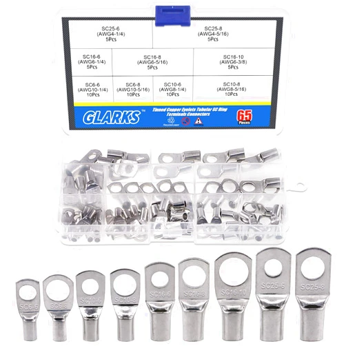 Glarks 65Pcs Assorted Heavy Duty Wire Lugs Battery Cable Tinned Copper Eyelets Tubular SC Ring Terminals Connectors with Spy Hole Assortment Kit
